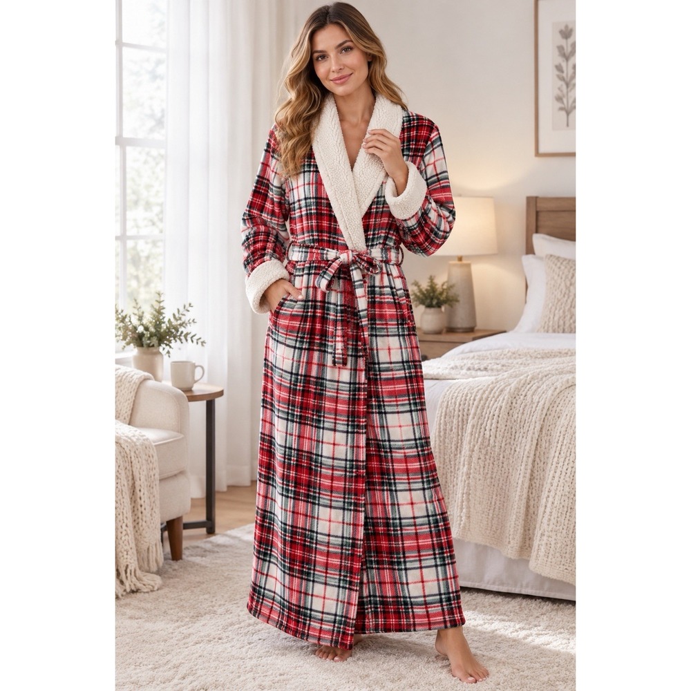 Women's Red Plaid Sherpa Fleece XXL Robe Long Christmas Holiday Bathrobe